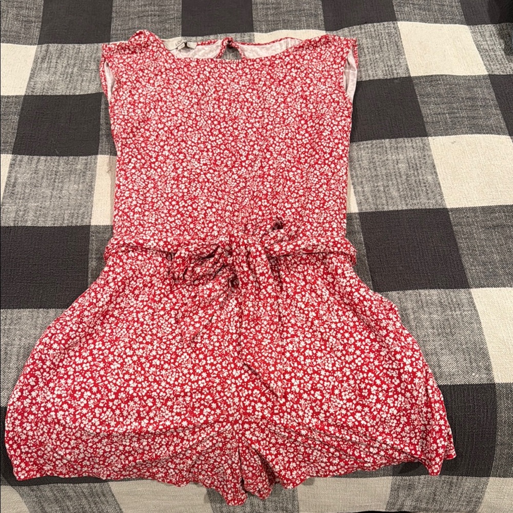 LOFT Red and White Jumpsuit with Delicate Floral Pattern